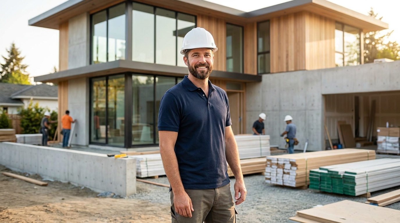 A contractor on a residential job site in front of a house under construction
